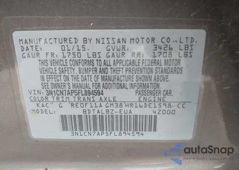 2015 Nissan Versa 1.6 Sv from USA, damaged, VIN 3N1CN7AP5FL894594